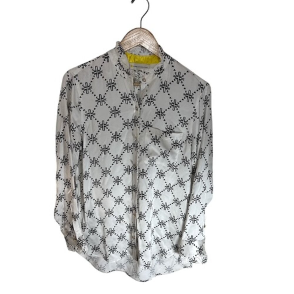 Kerri Rosenthal Mia Ruffle Argyle Rayon Shirt Tunic Top White Button Down Sz S